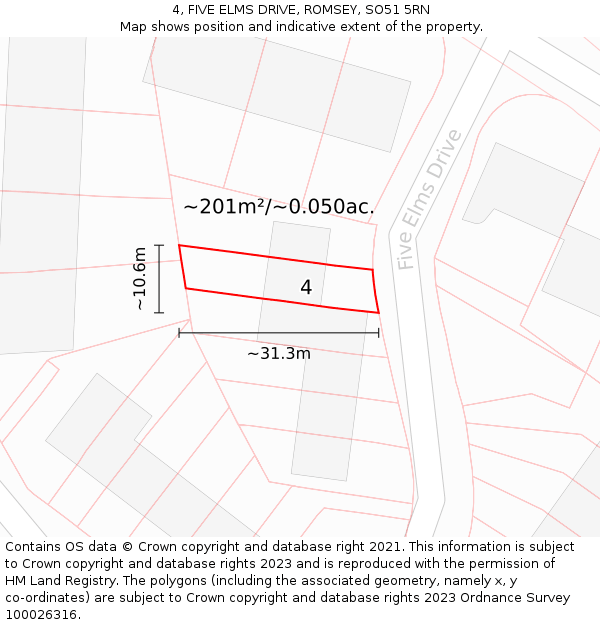 4, FIVE ELMS DRIVE, ROMSEY, SO51 5RN: Plot and title map