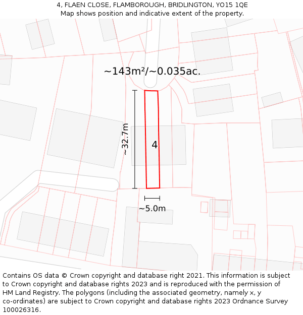 4, FLAEN CLOSE, FLAMBOROUGH, BRIDLINGTON, YO15 1QE: Plot and title map