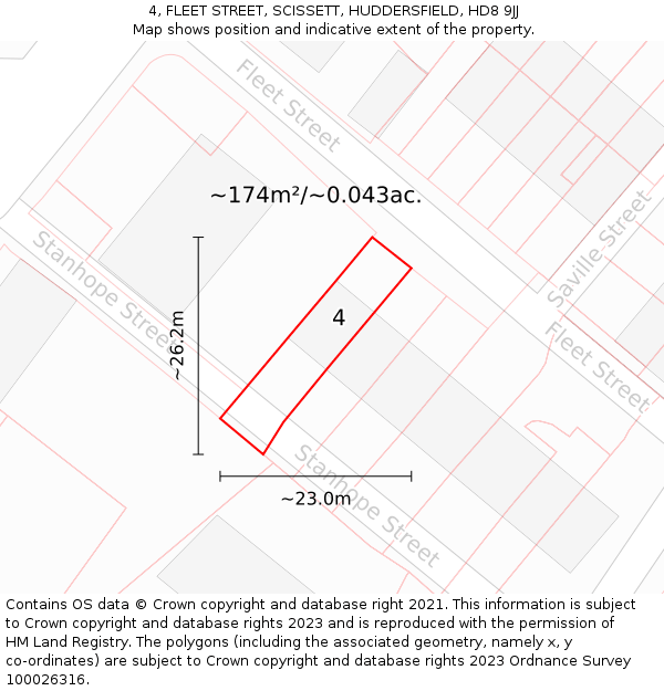 4, FLEET STREET, SCISSETT, HUDDERSFIELD, HD8 9JJ: Plot and title map