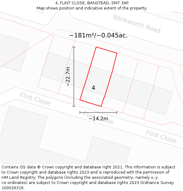 4, FLINT CLOSE, BANSTEAD, SM7 3AP: Plot and title map