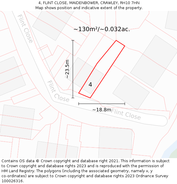 4, FLINT CLOSE, MAIDENBOWER, CRAWLEY, RH10 7HN: Plot and title map