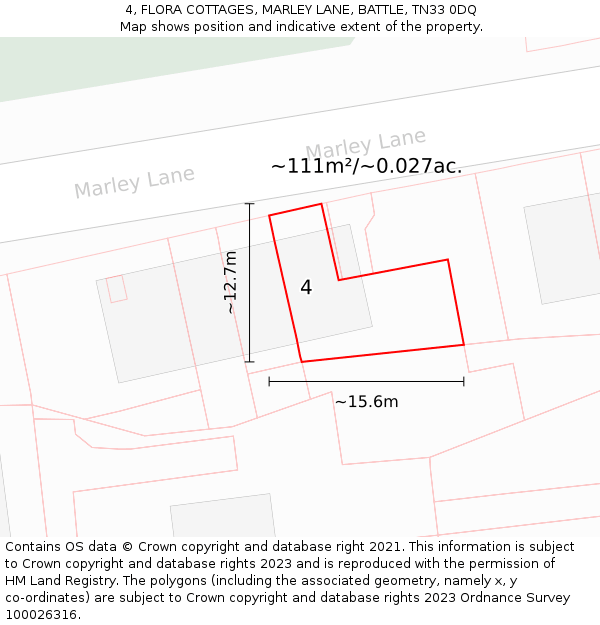 4, FLORA COTTAGES, MARLEY LANE, BATTLE, TN33 0DQ: Plot and title map