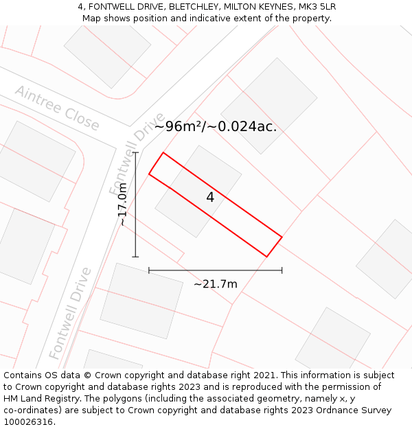 4, FONTWELL DRIVE, BLETCHLEY, MILTON KEYNES, MK3 5LR: Plot and title map