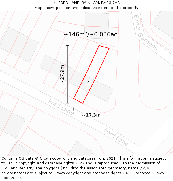 4, FORD LANE, RAINHAM, RM13 7AR: Plot and title map