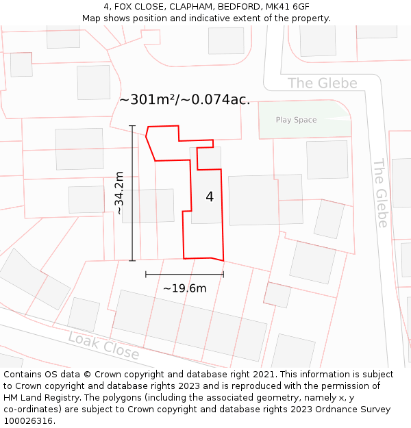 4, FOX CLOSE, CLAPHAM, BEDFORD, MK41 6GF: Plot and title map