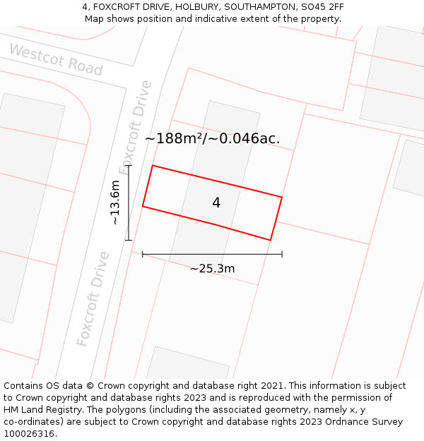 4, FOXCROFT DRIVE, HOLBURY, SOUTHAMPTON, SO45 2FF: Plot and title map