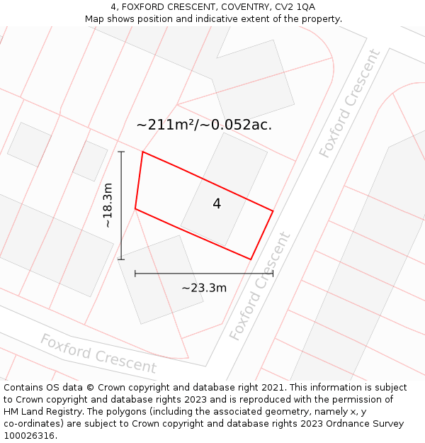 4, FOXFORD CRESCENT, COVENTRY, CV2 1QA: Plot and title map
