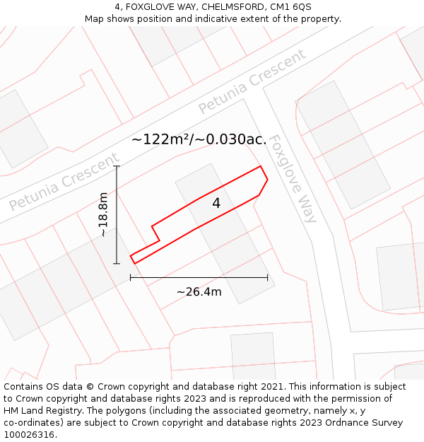 4, FOXGLOVE WAY, CHELMSFORD, CM1 6QS: Plot and title map