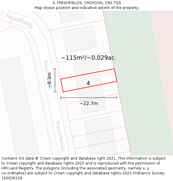 4, FRESHFIELDS, CROYDON, CR0 7QS: Plot and title map