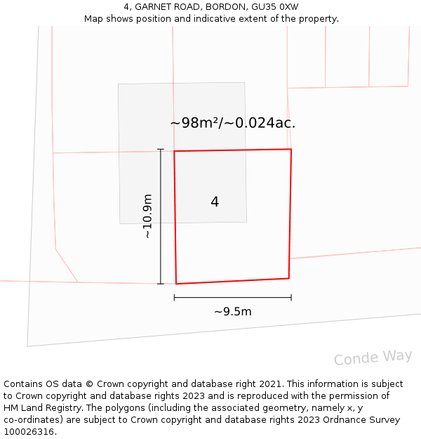 4, GARNET ROAD, BORDON, GU35 0XW: Plot and title map