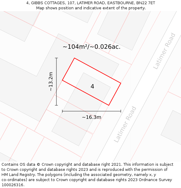 4, GIBBS COTTAGES, 107, LATIMER ROAD, EASTBOURNE, BN22 7ET: Plot and title map
