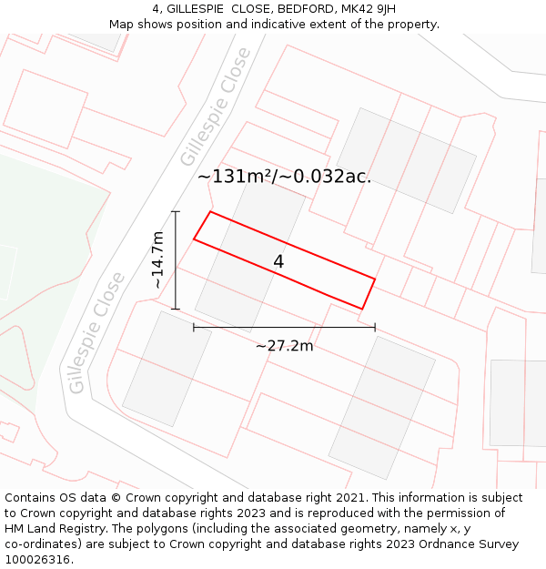 4, GILLESPIE  CLOSE, BEDFORD, MK42 9JH: Plot and title map