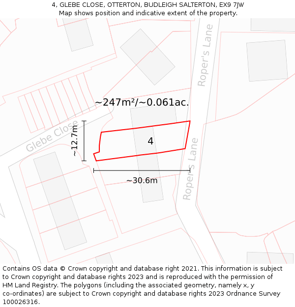 4, GLEBE CLOSE, OTTERTON, BUDLEIGH SALTERTON, EX9 7JW: Plot and title map