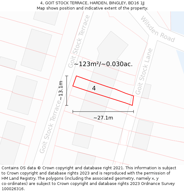 4, GOIT STOCK TERRACE, HARDEN, BINGLEY, BD16 1JJ: Plot and title map