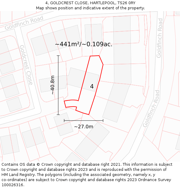 4, GOLDCREST CLOSE, HARTLEPOOL, TS26 0RY: Plot and title map