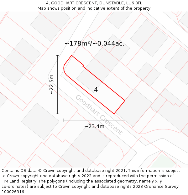 4, GOODHART CRESCENT, DUNSTABLE, LU6 3FL: Plot and title map