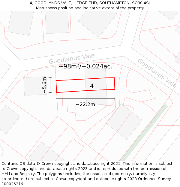 4, GOODLANDS VALE, HEDGE END, SOUTHAMPTON, SO30 4SL: Plot and title map
