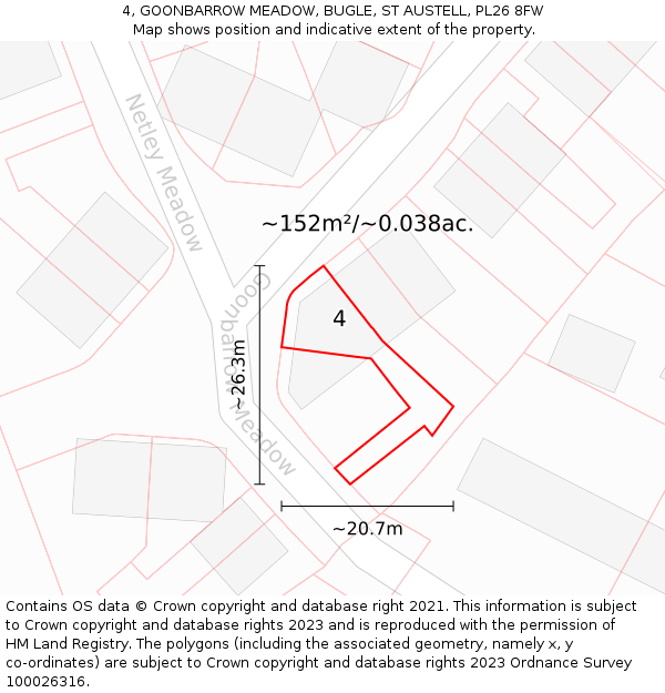 4, GOONBARROW MEADOW, BUGLE, ST AUSTELL, PL26 8FW: Plot and title map