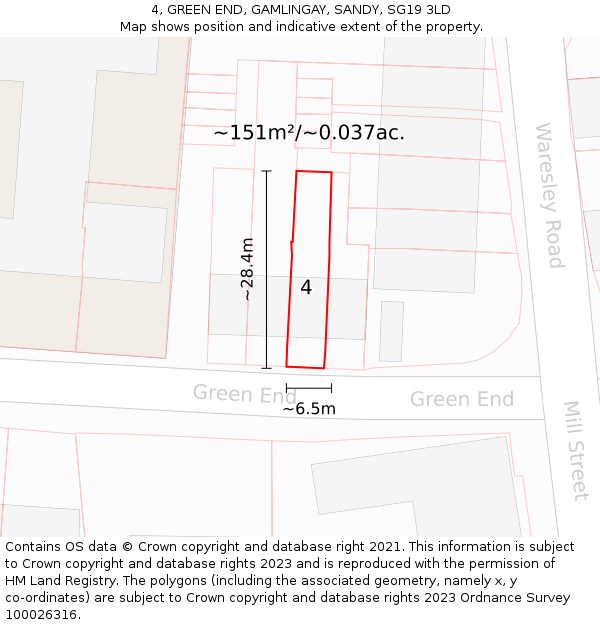 4, GREEN END, GAMLINGAY, SANDY, SG19 3LD: Plot and title map