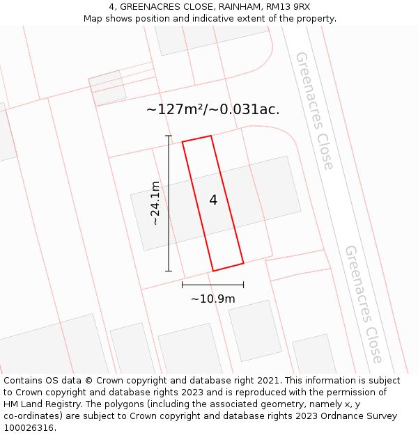 4, GREENACRES CLOSE, RAINHAM, RM13 9RX: Plot and title map