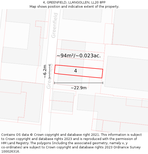 4, GREENFIELD, LLANGOLLEN, LL20 8PP: Plot and title map