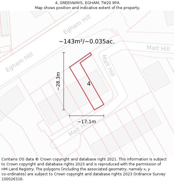 4, GREENWAYS, EGHAM, TW20 9PA: Plot and title map