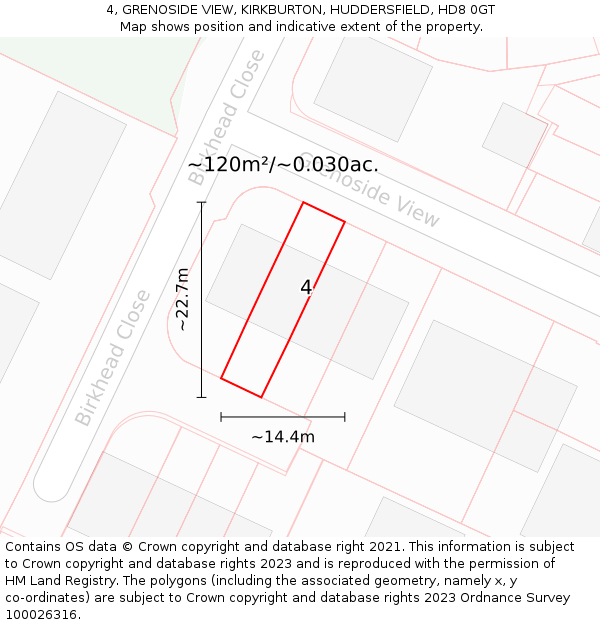 4, GRENOSIDE VIEW, KIRKBURTON, HUDDERSFIELD, HD8 0GT: Plot and title map