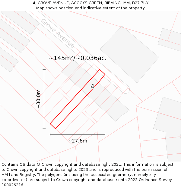 4, GROVE AVENUE, ACOCKS GREEN, BIRMINGHAM, B27 7UY: Plot and title map