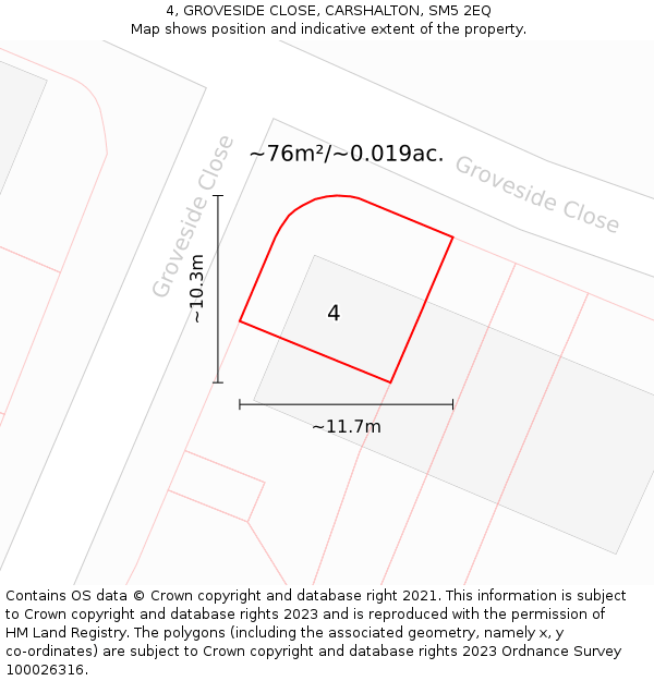 4, GROVESIDE CLOSE, CARSHALTON, SM5 2EQ: Plot and title map