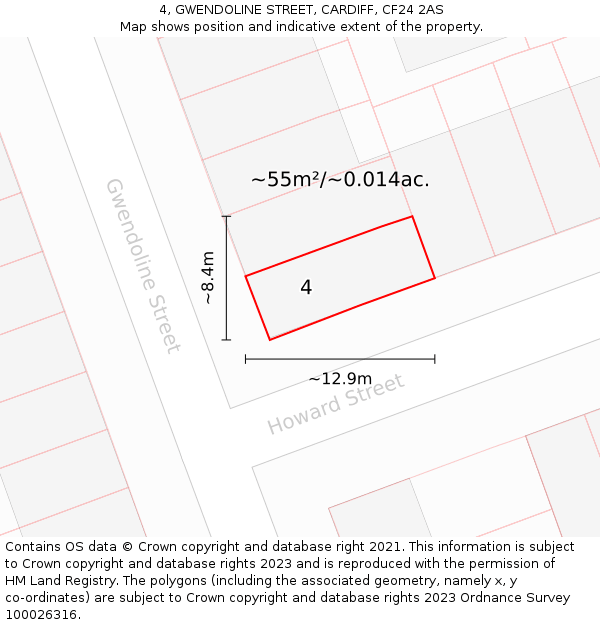 4, GWENDOLINE STREET, CARDIFF, CF24 2AS: Plot and title map