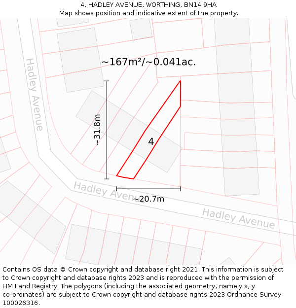 4, HADLEY AVENUE, WORTHING, BN14 9HA: Plot and title map