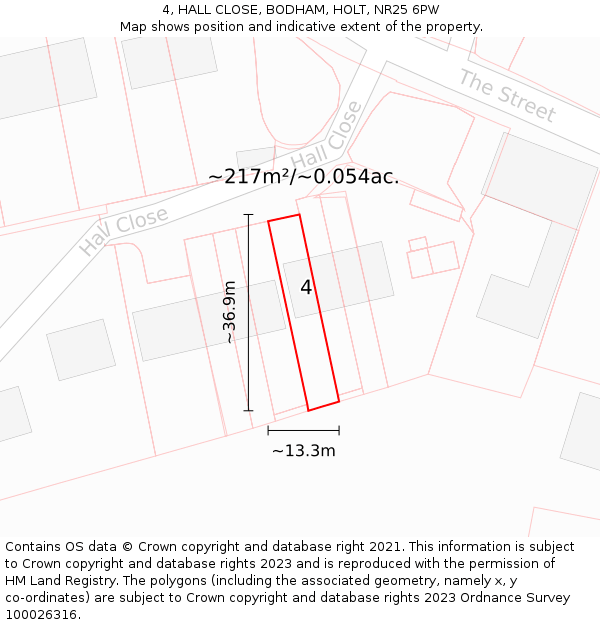 4, HALL CLOSE, BODHAM, HOLT, NR25 6PW: Plot and title map