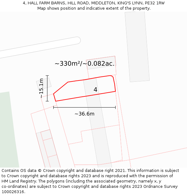 4, HALL FARM BARNS, HILL ROAD, MIDDLETON, KING'S LYNN, PE32 1RW: Plot and title map