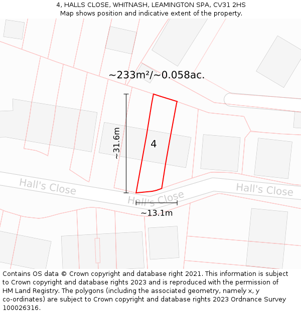 4, HALLS CLOSE, WHITNASH, LEAMINGTON SPA, CV31 2HS: Plot and title map