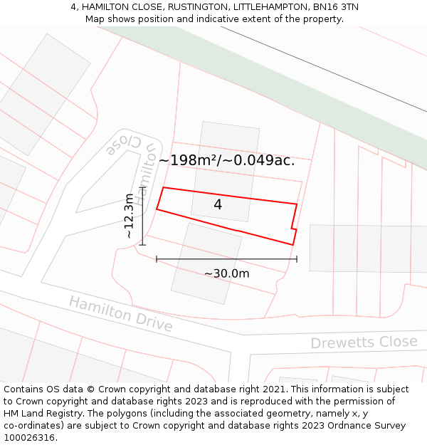 4, HAMILTON CLOSE, RUSTINGTON, LITTLEHAMPTON, BN16 3TN: Plot and title map