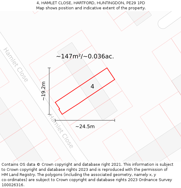 4, HAMLET CLOSE, HARTFORD, HUNTINGDON, PE29 1PD: Plot and title map