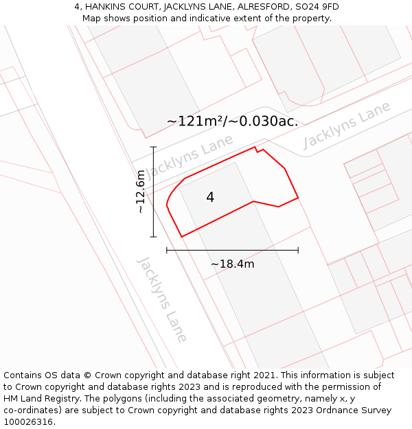 4, HANKINS COURT, JACKLYNS LANE, ALRESFORD, SO24 9FD: Plot and title map