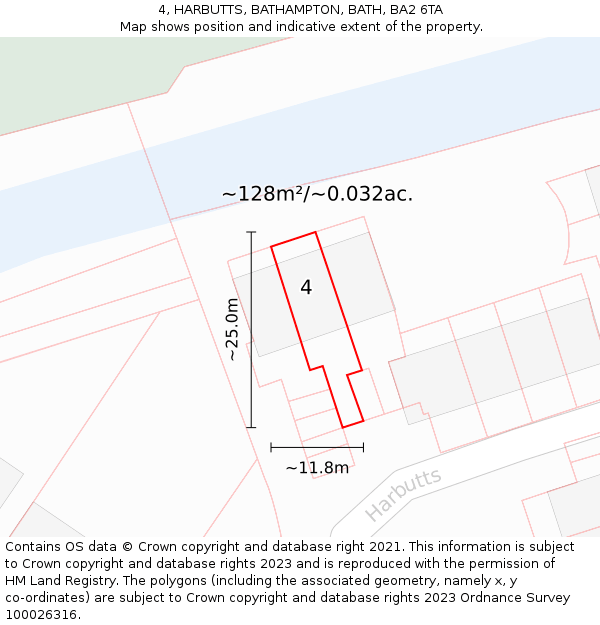 4, HARBUTTS, BATHAMPTON, BATH, BA2 6TA: Plot and title map