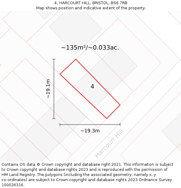 4, HARCOURT HILL, BRISTOL, BS6 7RB: Plot and title map