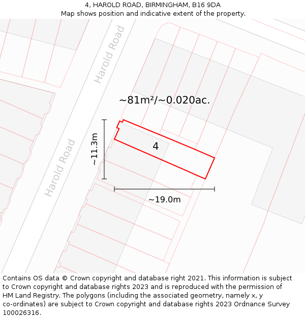 4, HAROLD ROAD, BIRMINGHAM, B16 9DA: Plot and title map