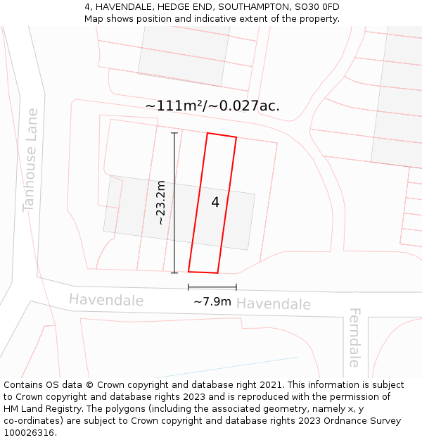 4, HAVENDALE, HEDGE END, SOUTHAMPTON, SO30 0FD: Plot and title map