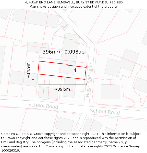 4, HAWK END LANE, ELMSWELL, BURY ST EDMUNDS, IP30 9ED: Plot and title map