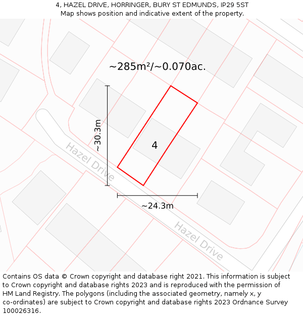 4, HAZEL DRIVE, HORRINGER, BURY ST EDMUNDS, IP29 5ST: Plot and title map