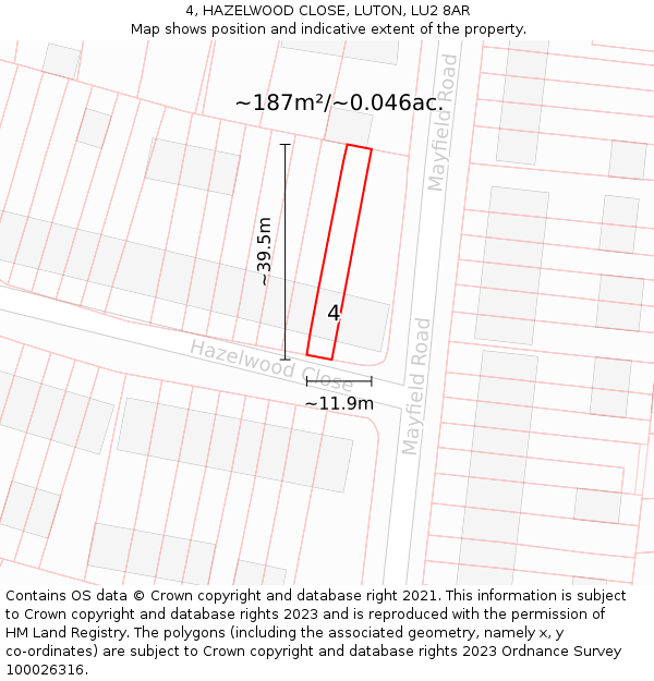 4, HAZELWOOD CLOSE, LUTON, LU2 8AR: Plot and title map