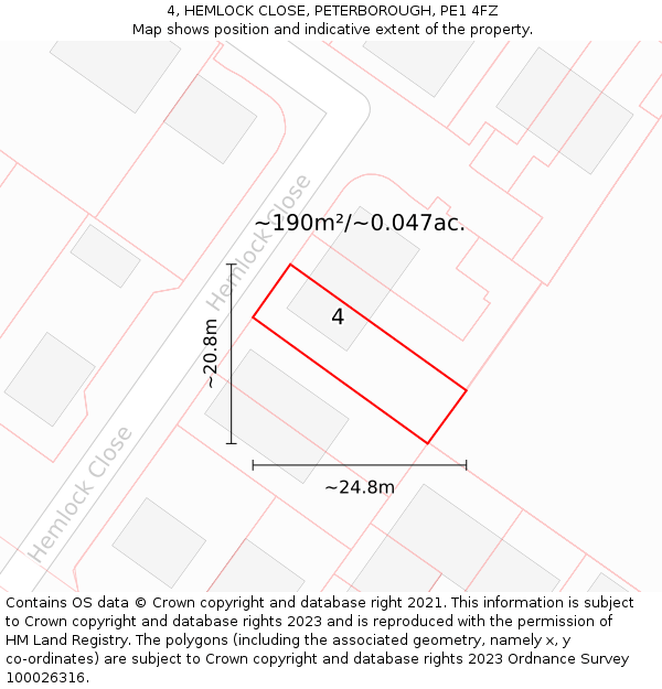 4, HEMLOCK CLOSE, PETERBOROUGH, PE1 4FZ: Plot and title map