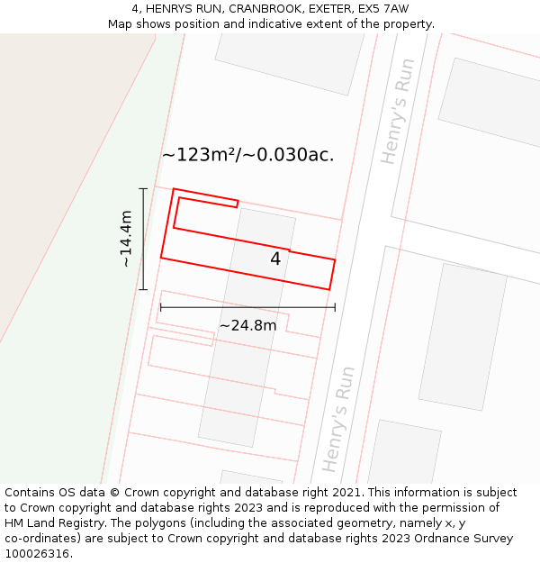 4, HENRYS RUN, CRANBROOK, EXETER, EX5 7AW: Plot and title map