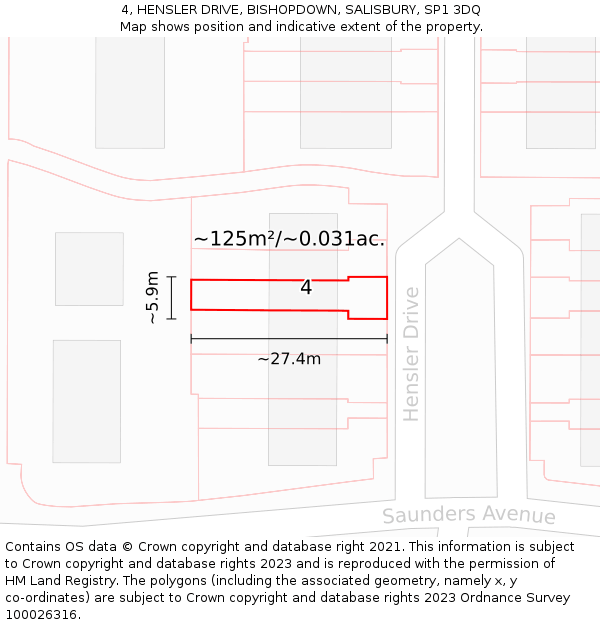 4, HENSLER DRIVE, BISHOPDOWN, SALISBURY, SP1 3DQ: Plot and title map