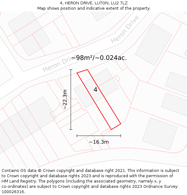 4, HERON DRIVE, LUTON, LU2 7LZ: Plot and title map