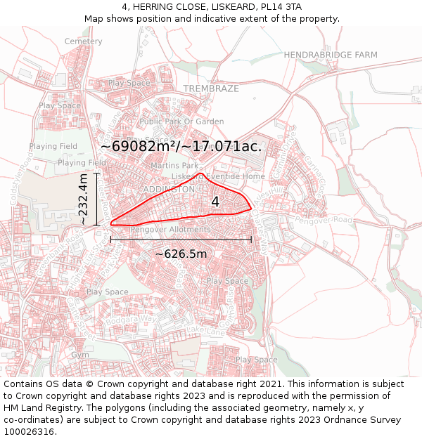 4, HERRING CLOSE, LISKEARD, PL14 3TA: Plot and title map