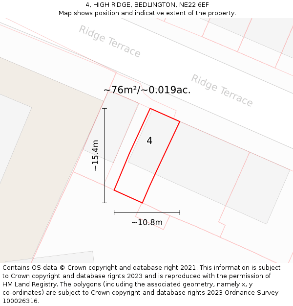 4, HIGH RIDGE, BEDLINGTON, NE22 6EF: Plot and title map